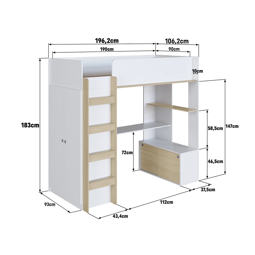 Cama Elevada Multifuncional 1 plaza 190x90cm