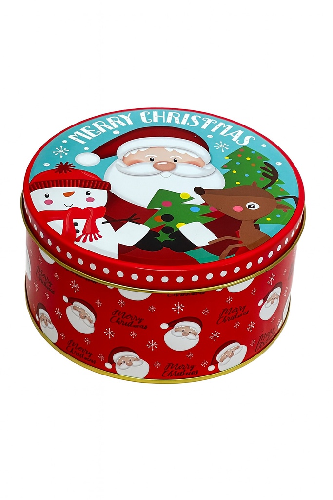 Caja lata navidad redonda pascuero celeste 20cm