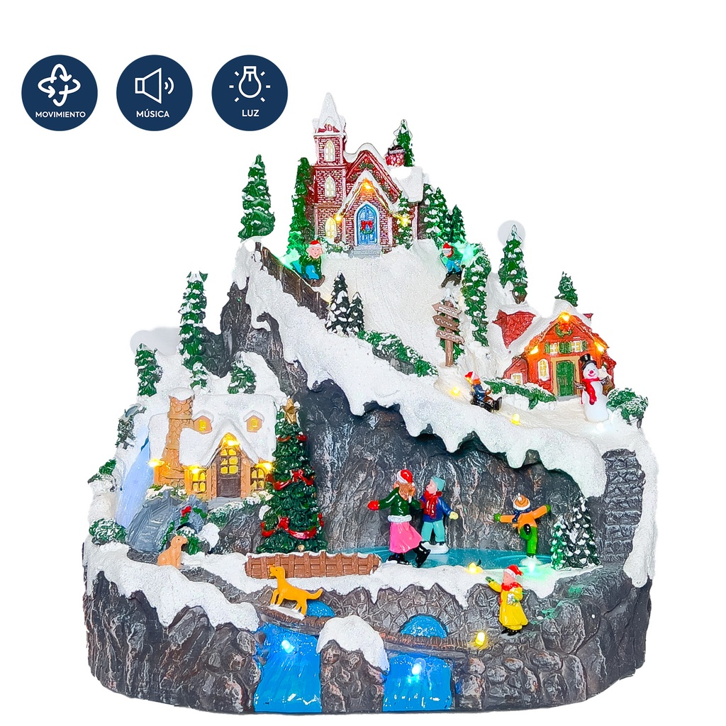 Casa navidad con luz y sonido montaña 32cm