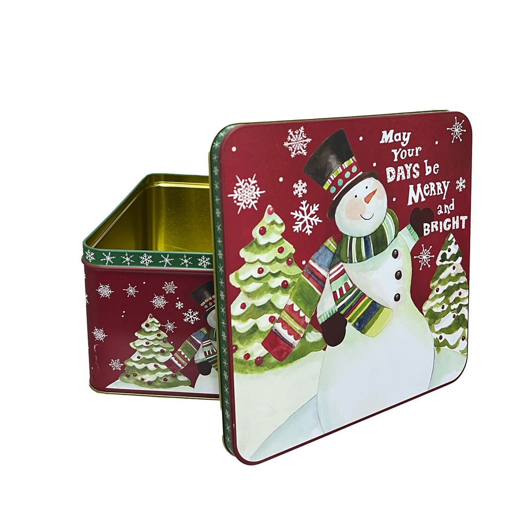 Caja lata navidad cuadrada mono nieve 20cm
